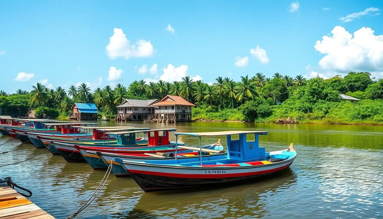 Scenic view of Parika waterfront with colorful boats and lush tropical vegetation