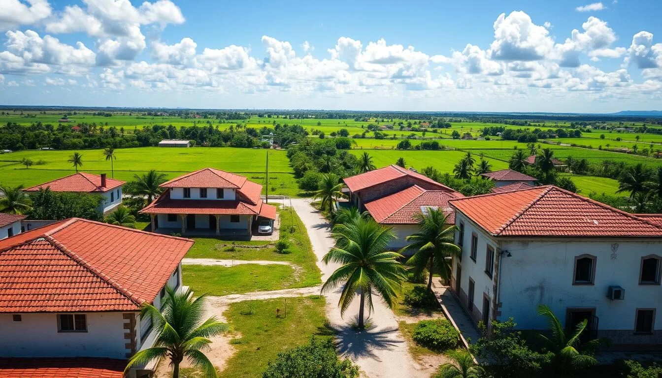 Scenic view of Ranchuelo Cuba countryside with palm trees and traditional buildings