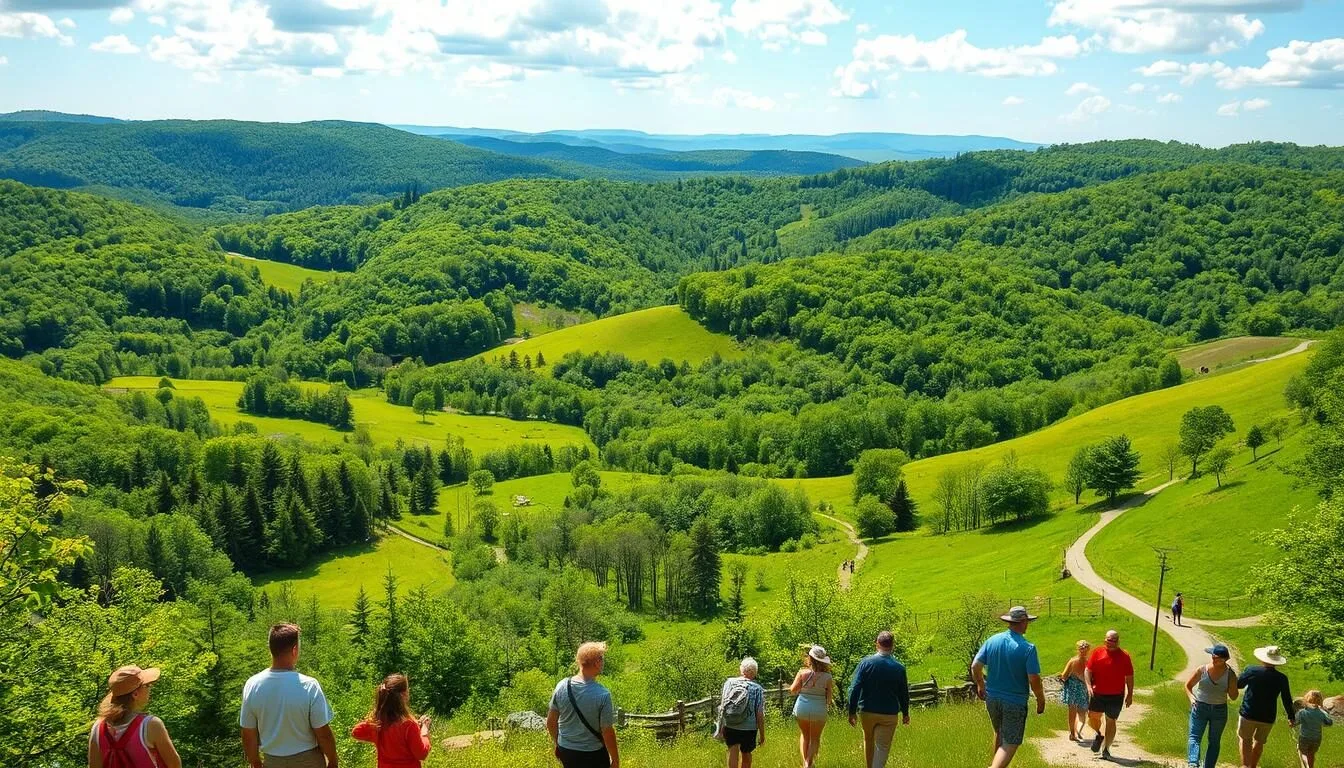 Scenic-view-of-Ryerson-Station-State-Park-showing-lush-green-hills-and-forest-trails-on-a Scenic view of Ryerson Station State Park showing lush green hills and forest trails on a beautiful summer day