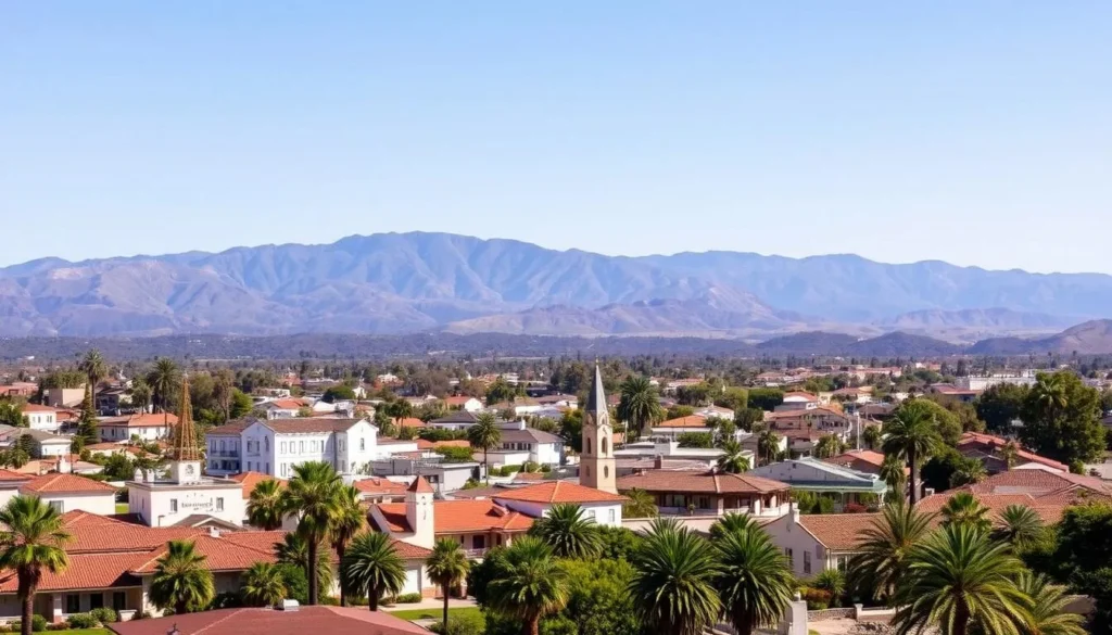 Scenic view of Santa Barbara accommodations with mountains in the background, showing lodging options near Chumash Painted Cave State Historic Park Scenic view of Santa Barbara accommodations with mountains in the background, showing lodging options near Chumash Painted Cave State Historic Park