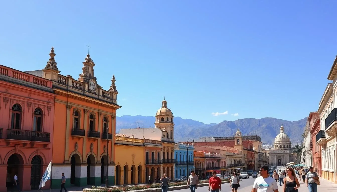 Scenic view of Santo Domingo, Cuba's colorful colonial buildings and mountains in the background