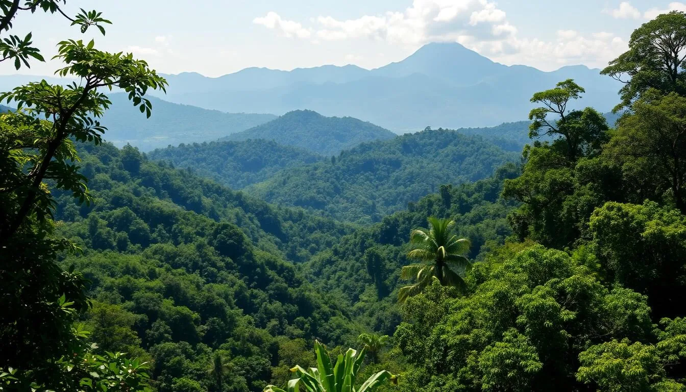 Scenic view of Semuliki National Park's lush rainforest landscape with mountains in the background