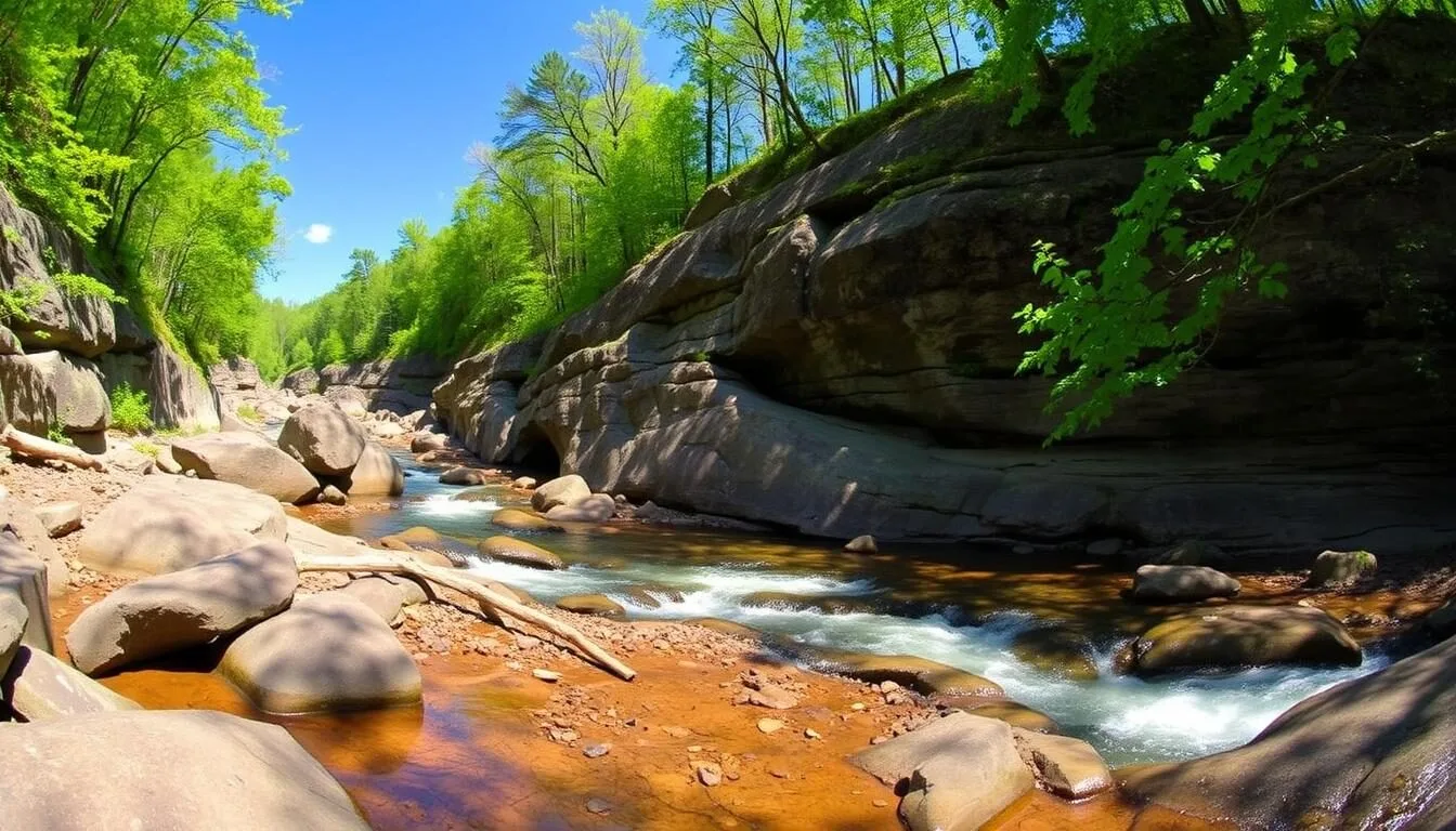 Scenic-view-of-Slippery-Rock-Creek-gorge-at-McConnells-Mill-State-Park-on-a-sunny-day-with-lush Scenic view of Slippery Rock Creek gorge at McConnells Mill State Park on a sunny day with lush green trees surrounding the rocky creek bed