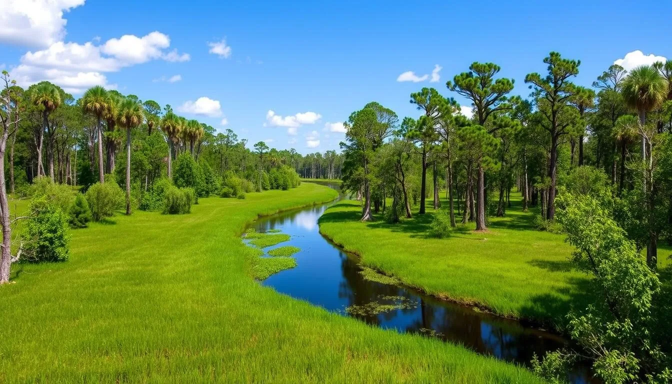 Scenic view of St. Marks River Preserve State Park Florida showing the lush floodplain forest and river