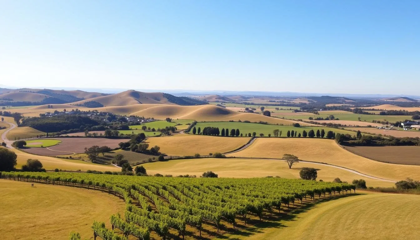 Scenic view of Sunbury countryside with rolling hills and vineyards on a sunny day
