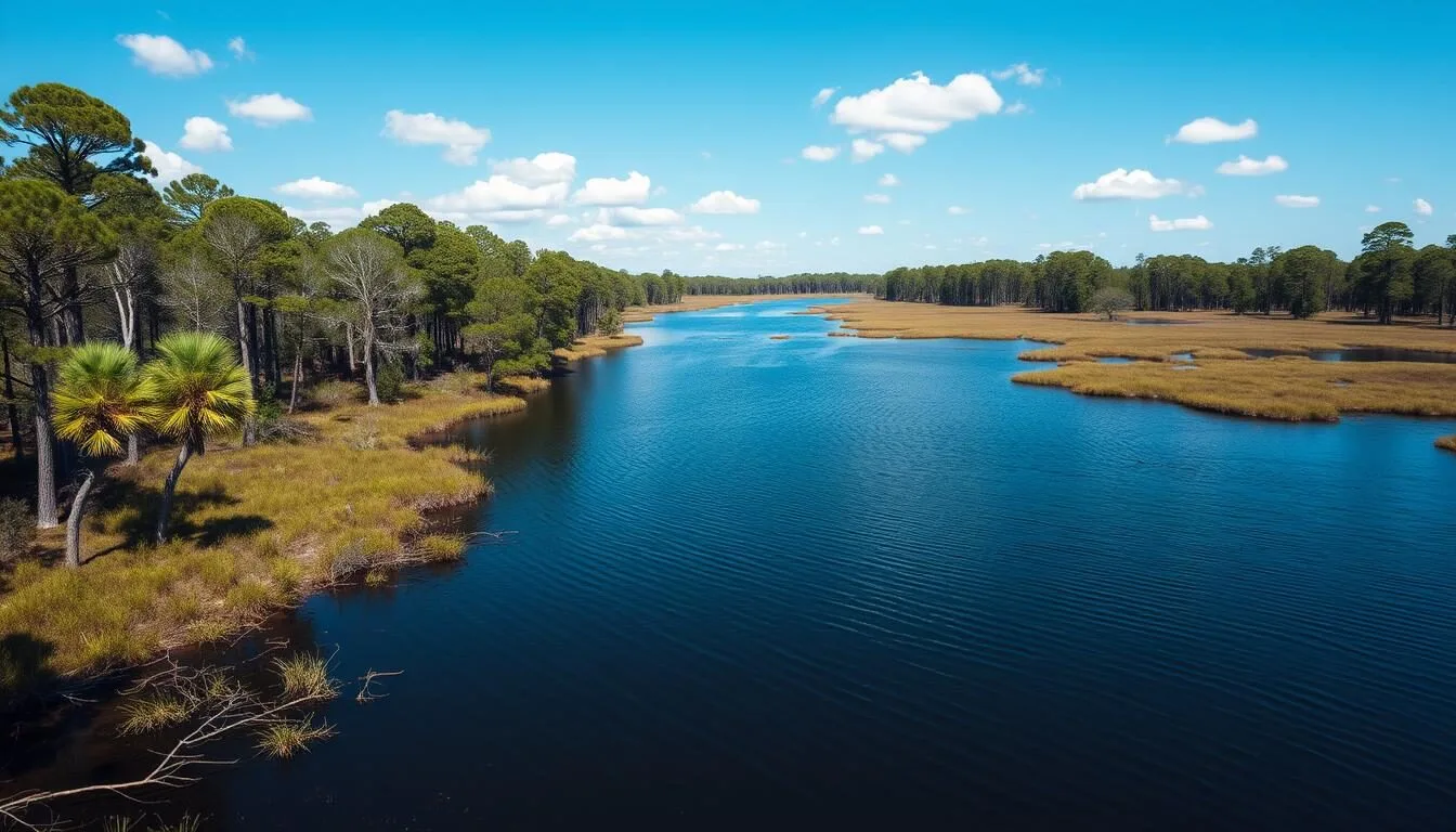 Scenic-view-of-Tarkiln-Bayou-Preserve-State-Park-Florida-showing-the-bayou-waters-surrounded-by Scenic view of Tarkiln Bayou Preserve State Park Florida showing the bayou waters surrounded by pine forests and wetlands