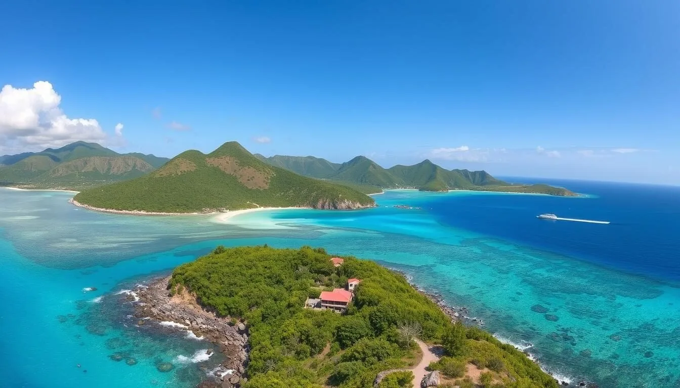 Scenic view of Terre-de-Bas Island coastline with turquoise waters and lush green hills in the background