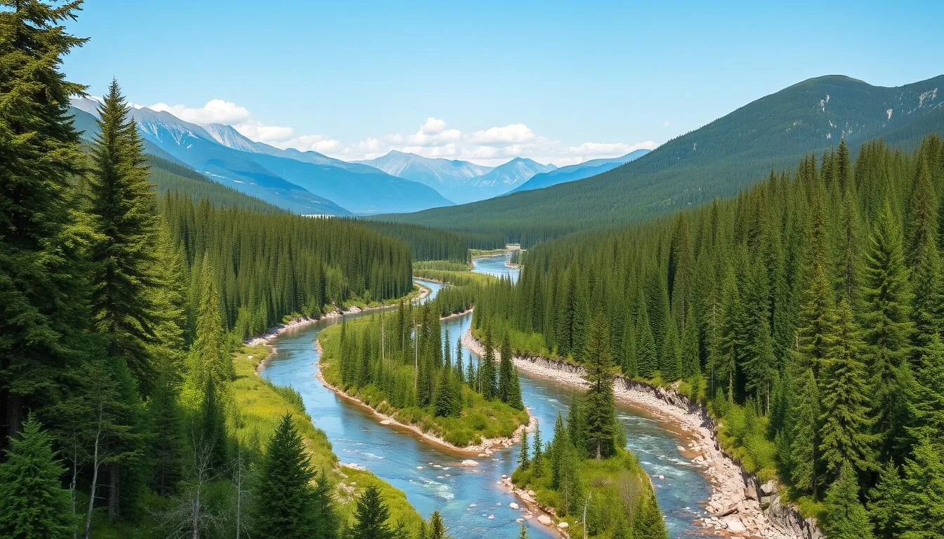 Scenic-view-of-Udegeyskaya-Legenda-National-Park-showing-the-Big-Ussurka-River-flowing-through- Scenic view of Udegeyskaya Legenda National Park showing the Big Ussurka River flowing through forested mountains in the Russian Far East