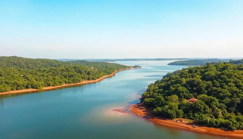 Scenic view of Zegie Peninsula during dry season showing clear blue skies over Lake Tana and lush forest