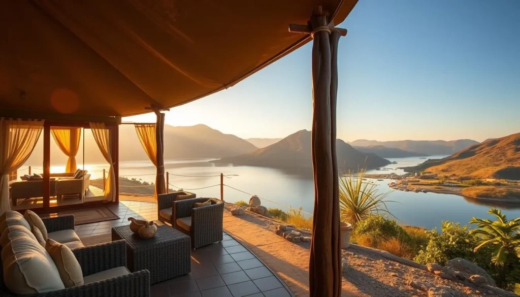 Scenic view of accommodation overlooking Lake Chamo in Nechisar National Park