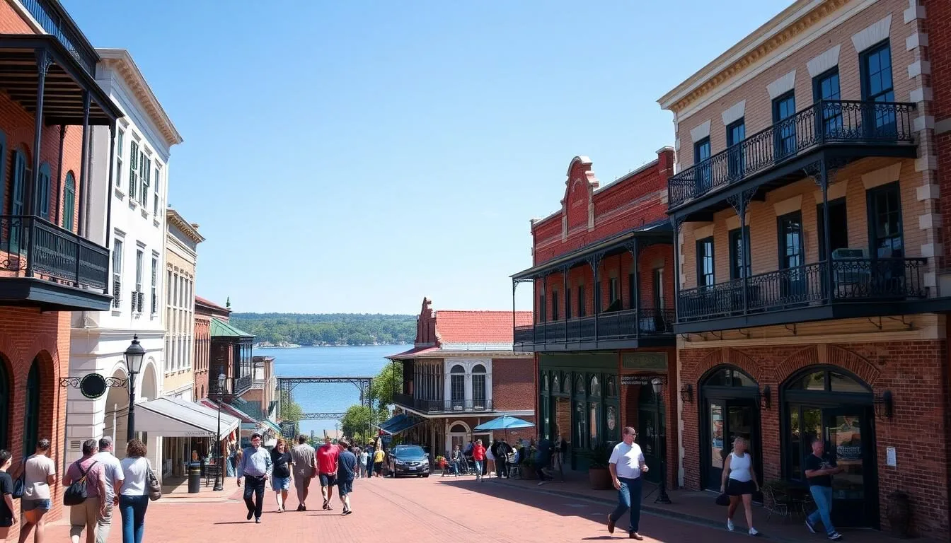 Scenic view of historic downtown Natchitoches with brick streets and historic buildings along the Cane River National Heritage Trail