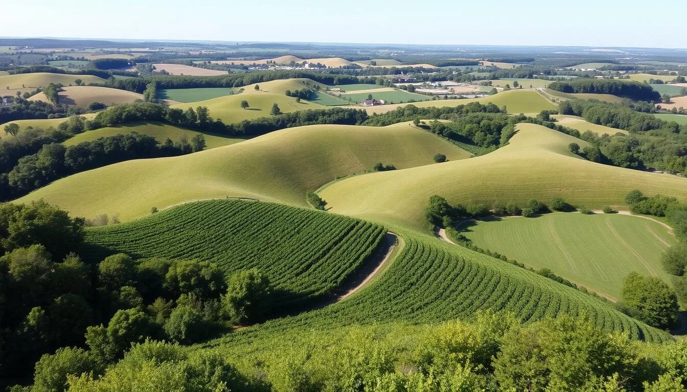 Scenic-view-of-rolling-hills-and-vineyards-in-Hickory-Ridge-Illinois Scenic view of rolling hills and vineyards in Hickory Ridge, Illinois