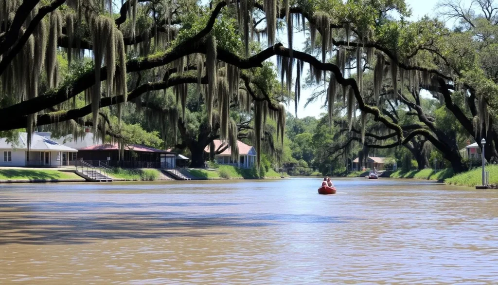 Scenic view of the Cane River with historic buildings and oak trees along the shore