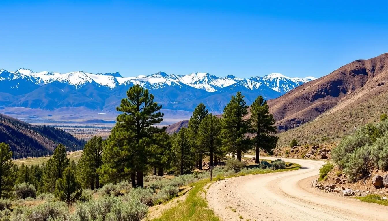 Scenic-view-of-the-Eastern-Sierra-mountains-near-Buckeye-Hot-Springs-California-with Scenic view of the Eastern Sierra mountains near Buckeye Hot Springs California with snow-capped peaks in the background