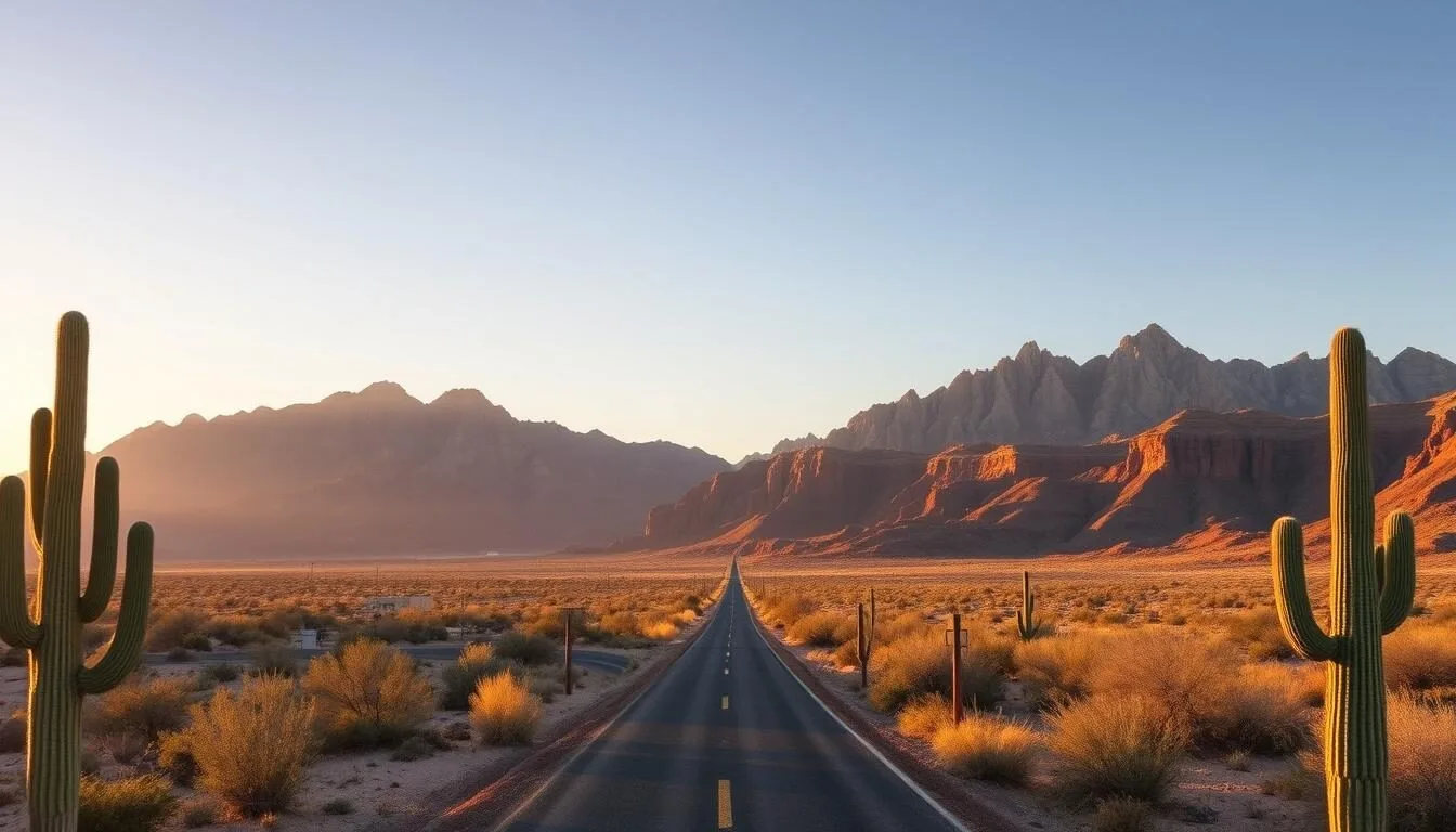 Scenic-view-of-the-Kofa-Mountains-with-desert-landscape-in-foreground-showing-the-approach-road Scenic view of the Kofa Mountains with desert landscape in foreground showing the approach road to the wildlife refuge