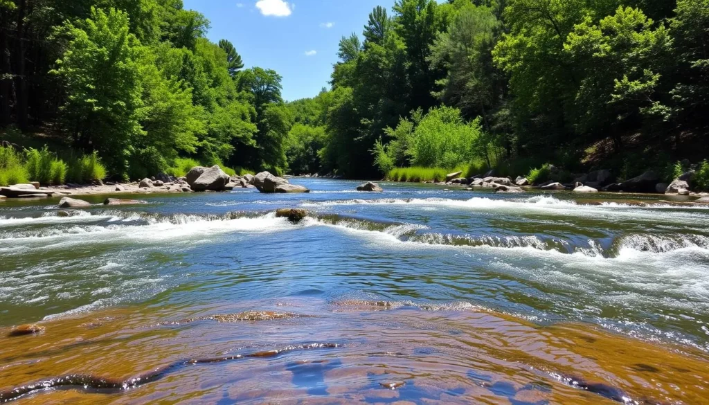 Scenic view of the Middle Fork River with clear water flowing over rocks surrounded by lush forest Scenic view of the Middle Fork River with clear water flowing over rocks surrounded by lush forest