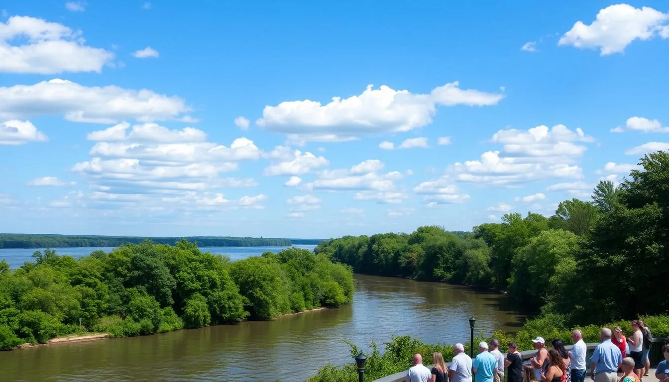 Scenic-view-of-the-Mississippi-River-near-the-Lewis-and-Clark-National-Historic-Trail-in Scenic view of the Mississippi River near the Lewis and Clark National Historic Trail in Illinois