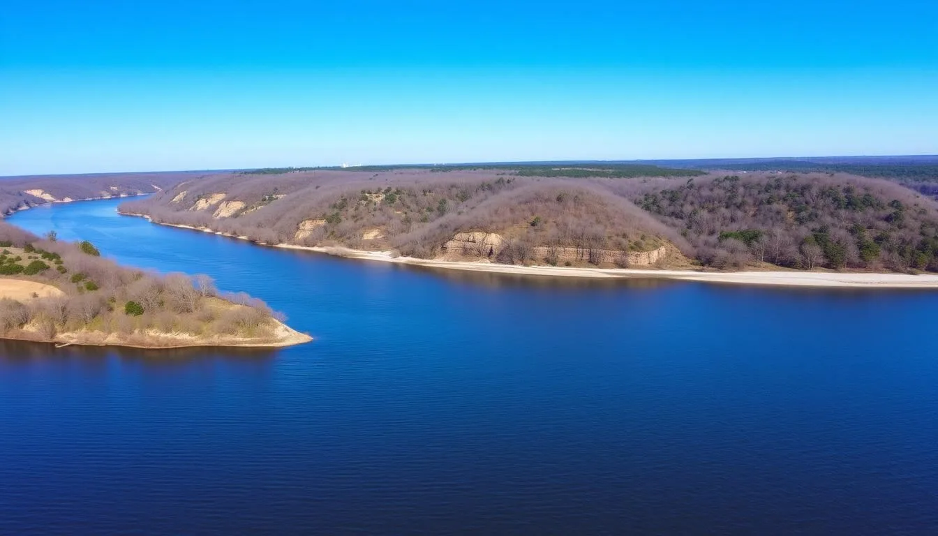 Scenic-view-of-the-Mississippi-River-with-bluffs-in-the-background-on-a-clear-sunny-day Scenic view of the Mississippi River with bluffs in the background on a clear sunny day