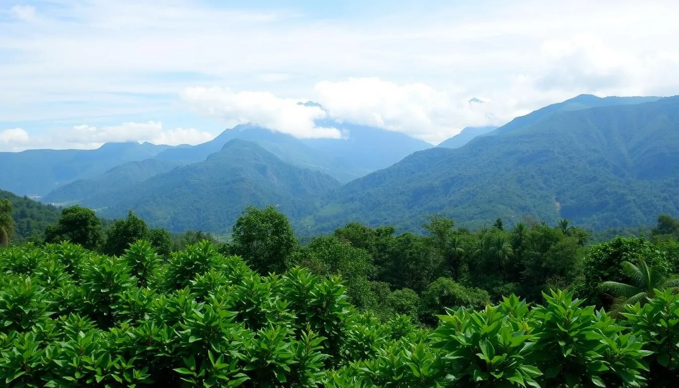 Scenic-view-of-the-Rwenzori-Mountains-National-Park-landscape-with-lush-vegetation-and-misty Scenic view of the Rwenzori Mountains National Park landscape with lush vegetation and misty peaks in the distance