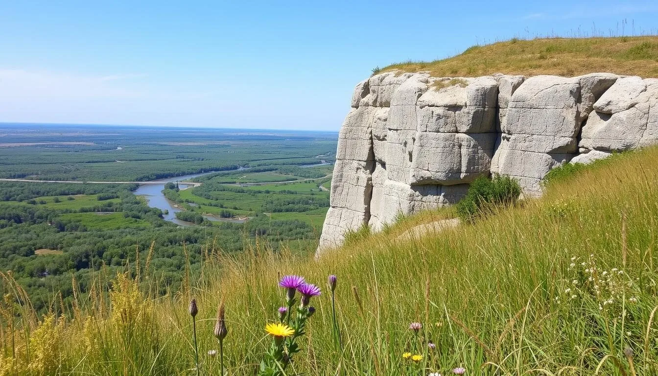 Scenic-view-of-the-bluffs-at-Fults-Hill-Prairie-Nature-Preserve-Illinois-with-the-Mississippi Scenic view of the bluffs at Fults Hill Prairie Nature Preserve Illinois with the Mississippi River valley in the background
