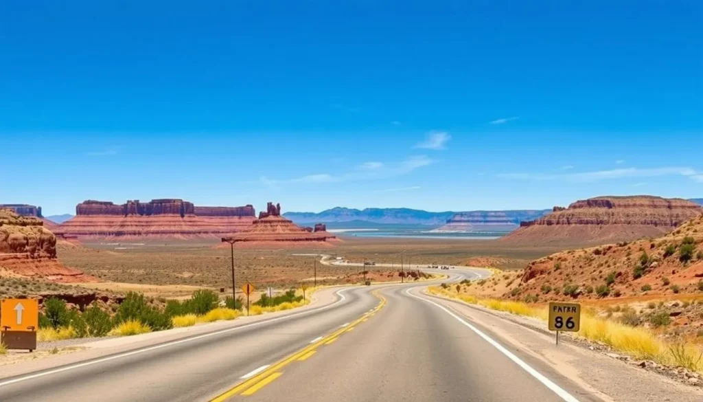 Scenic view of the road approaching Abiquiu Lake with colorful mesa formations Scenic view of the road approaching Abiquiu Lake with colorful mesa formations