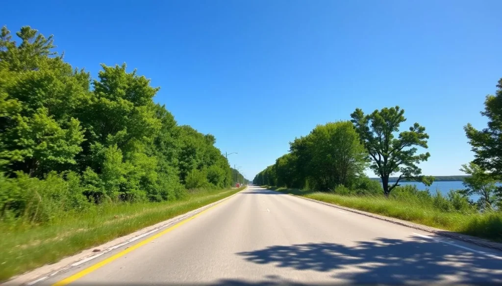 Scenic view of the road leading to Lake Vermilion with lush greenery on both sides Scenic view of the road leading to Lake Vermilion with lush greenery on both sides