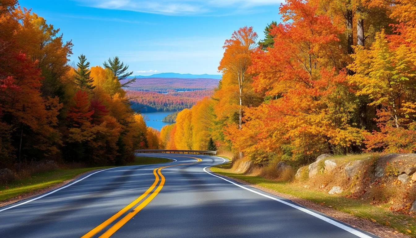 Scenic-view-of-the-road-leading-to-Lake-of-the-Clouds-Pennsylvania-with-autumn-foliage Scenic view of the road leading to Lake of the Clouds Pennsylvania with autumn foliage