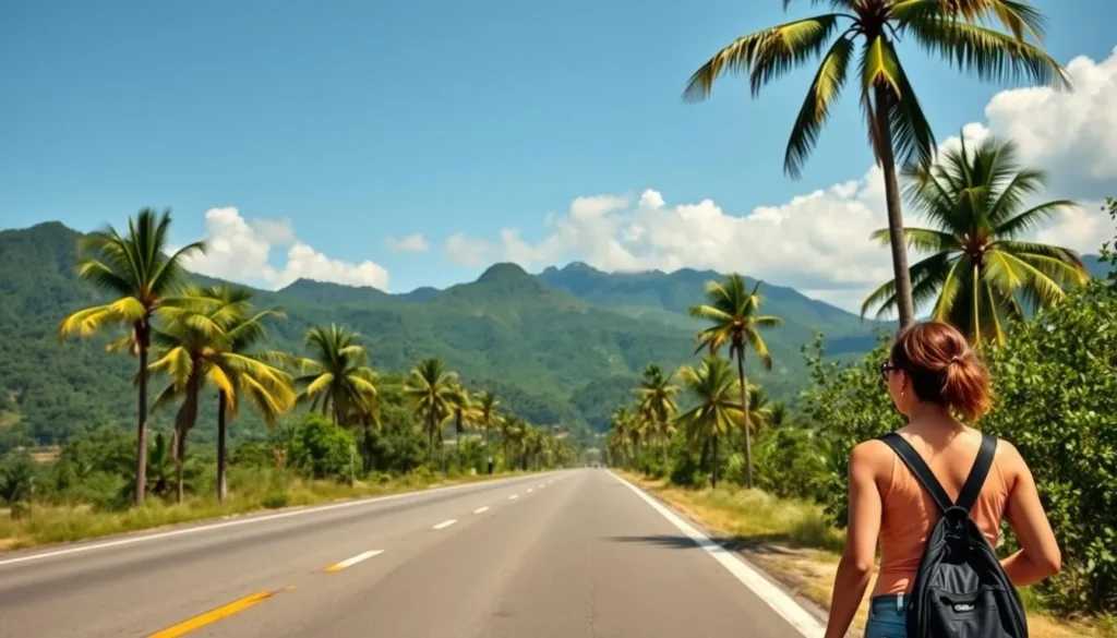 Scenic view of the road leading to San Luis, Cuba with lush green mountains in the background Scenic view of the road leading to San Luis, Cuba with lush green mountains in the background