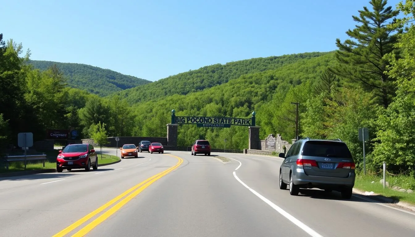 Scenic-view-of-the-winding-road-leading-to-Big-Pocono-State-Park-with-mountains-in-the Scenic view of the winding road leading to Big Pocono State Park with mountains in the background