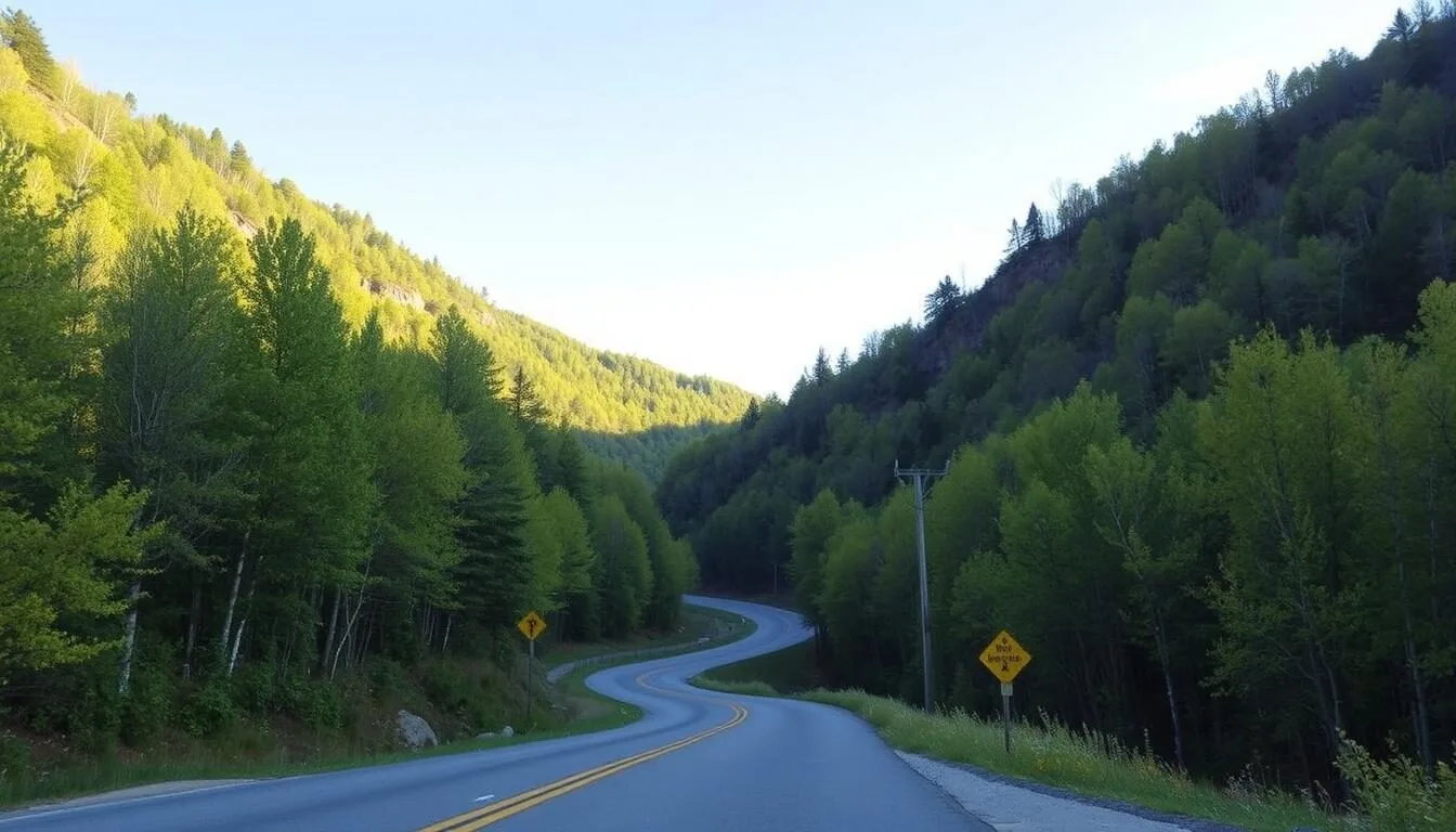 Scenic-view-of-the-winding-road-through-Bucktail-State-Park-Natural-Area-with-forested Scenic view of the winding road through Bucktail State Park Natural Area with forested mountains in the background