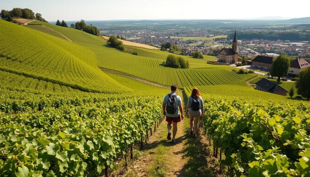 Scenic vineyard terraces on the hills surrounding Stuttgart with hikers enjoying the wine trails
