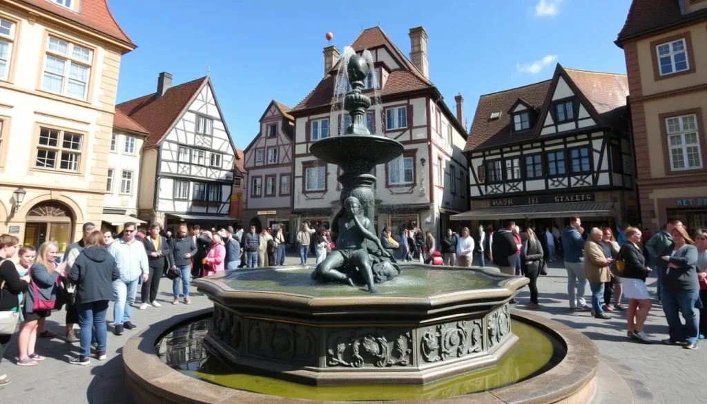 Schängel fountain with little boy statue in Koblenz Germany Old Town
