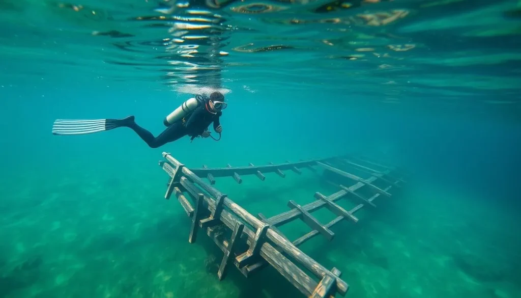 Scuba diver exploring the remains of the Civil War steamboat Madison at Troy Spring Scuba diver exploring the remains of the Civil War steamboat Madison at Troy Spring