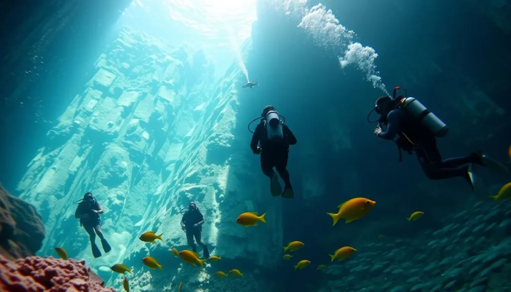 Scuba divers exploring the underwater wall at Cathedral dive site near Balicasag Island