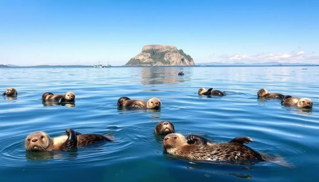 Sea otters floating in Morro Bay with Morro Rock in the background Sea otters floating in Morro Bay with Morro Rock in the background