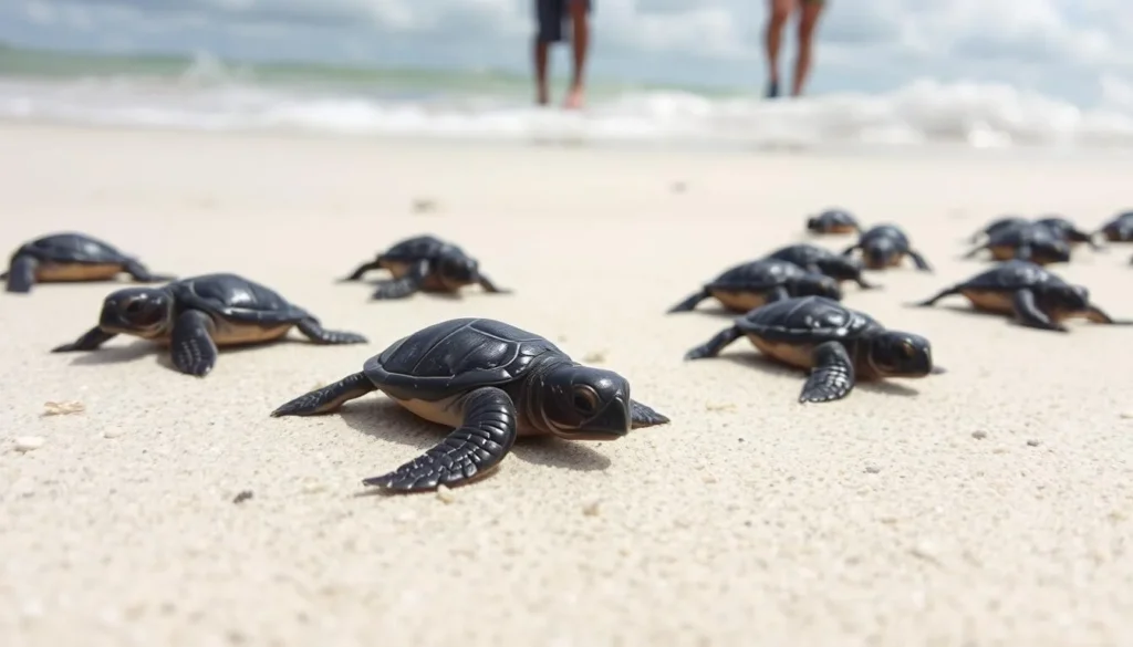 Sea turtle hatchlings making their way to the ocean at Shell Beach Protected Area Guyana