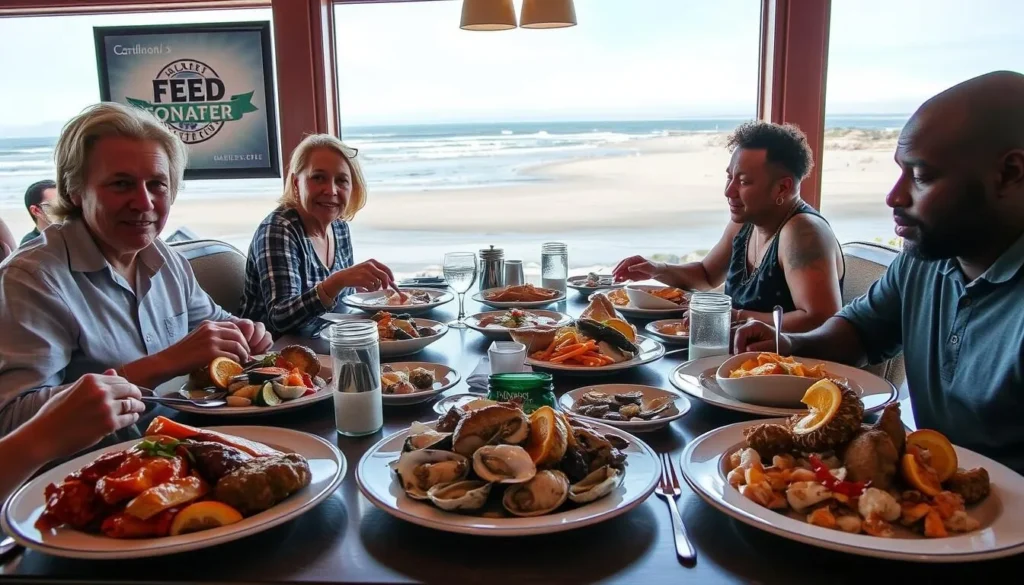 Seafood dinner at a restaurant overlooking Moonstone Beach in Cambria Seafood dinner at a restaurant overlooking Moonstone Beach in Cambria