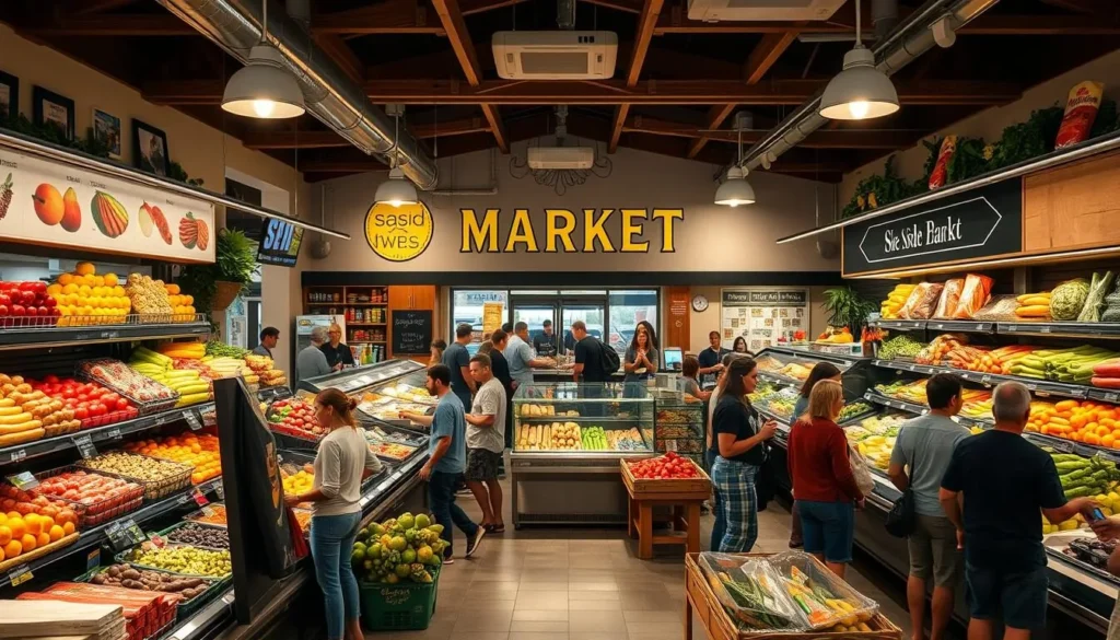 Seaside Market near San Elijo State Beach California with fresh produce and prepared foods Seaside Market near San Elijo State Beach California with fresh produce and prepared foods