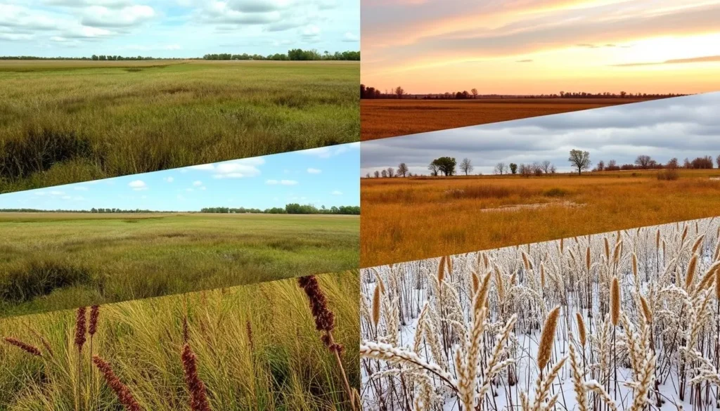Seasonal changes at Hickory Creek Barrens Nature Preserve Illinois showing prairie landscape in different seasons Seasonal changes at Hickory Creek Barrens Nature Preserve Illinois showing prairie landscape in different seasons
