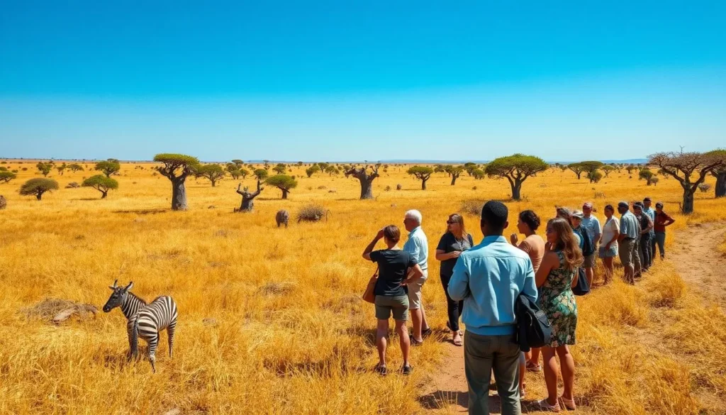 Seasonal landscape in Omo National Park during the dry season showing diverse tourists observing the environment