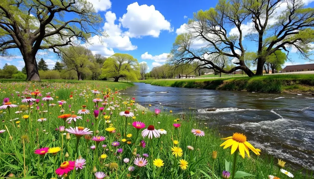 Seasonal view of Caswell Memorial State Park in spring with wildflowers blooming along the Stanislaus River Seasonal view of Caswell Memorial State Park in spring with wildflowers blooming along the Stanislaus River