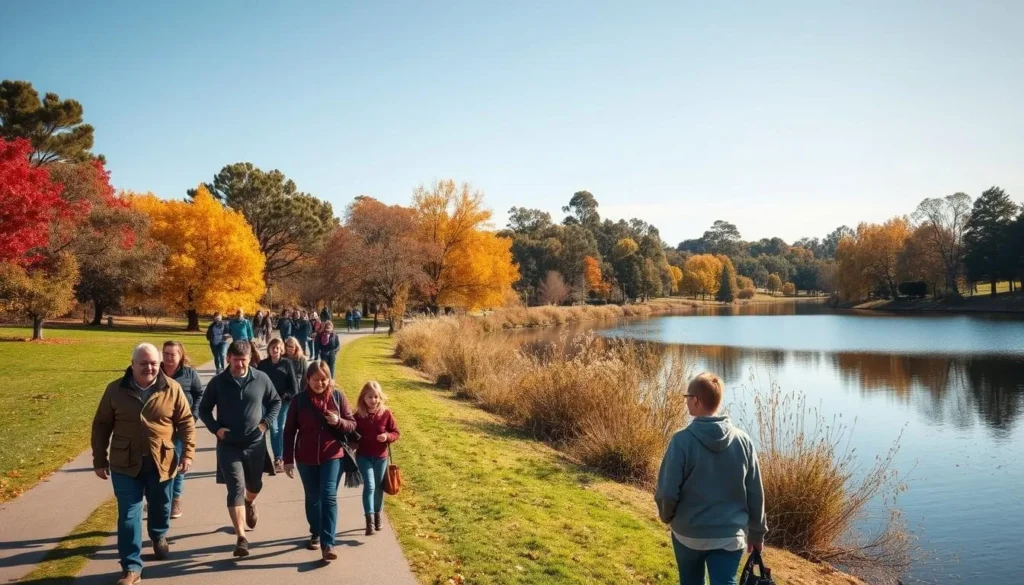 Seasonal view of Victoria Park Lake in Shepparton during autumn with colorful foliage