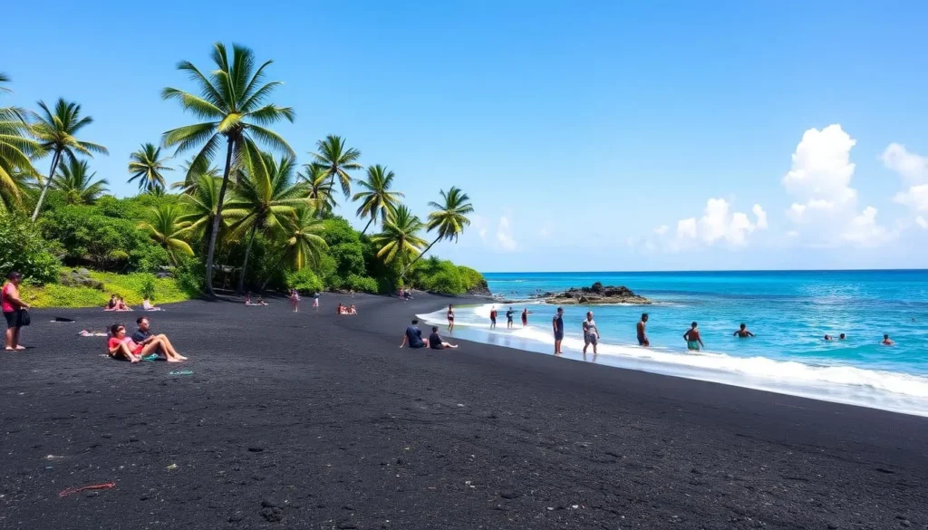 Secluded black sand beach at Anse L'Ivrogne with crystal clear waters and palm trees