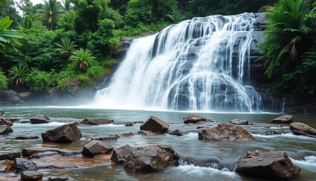 Sezibwa Falls Uganda cascading water flowing over rocks surrounded by lush green vegetation