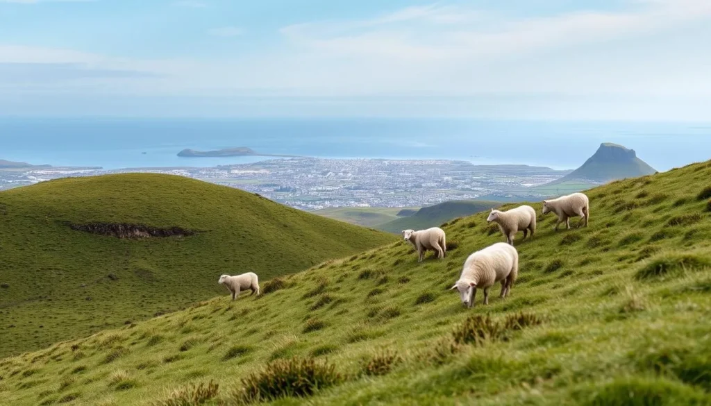 Sheep grazing on hillsides near Tórshavn with the city in the background