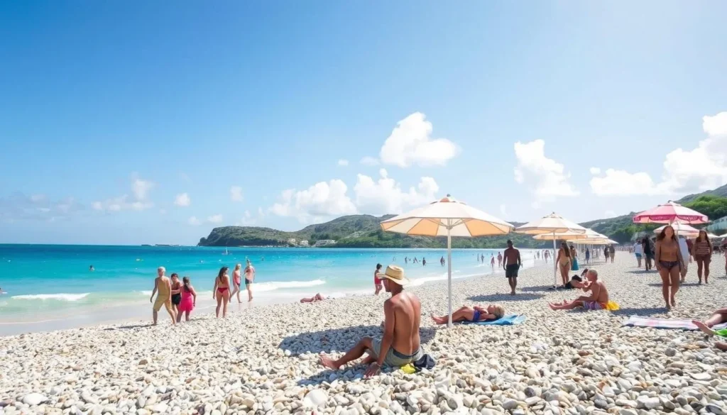 Shell Beach St Barts during perfect weather with visitors enjoying the sunshine
