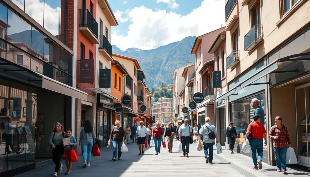 Shoppers on Meritxell Avenue, Andorra la Vella's main shopping street