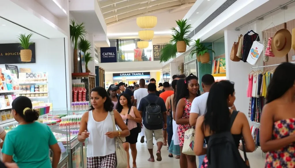 Shopping at Baywalk Mall in Rodney Bay St. Lucia with tourists browsing local goods