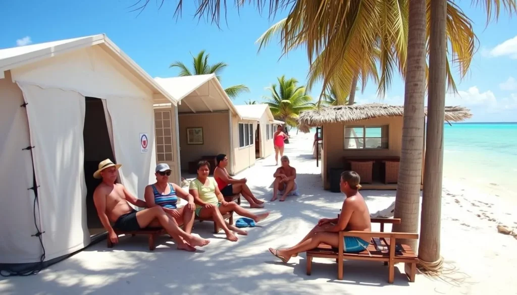 Simple beach accommodation with tents and basic cottages on Punta Sebaring Beach, Balabac