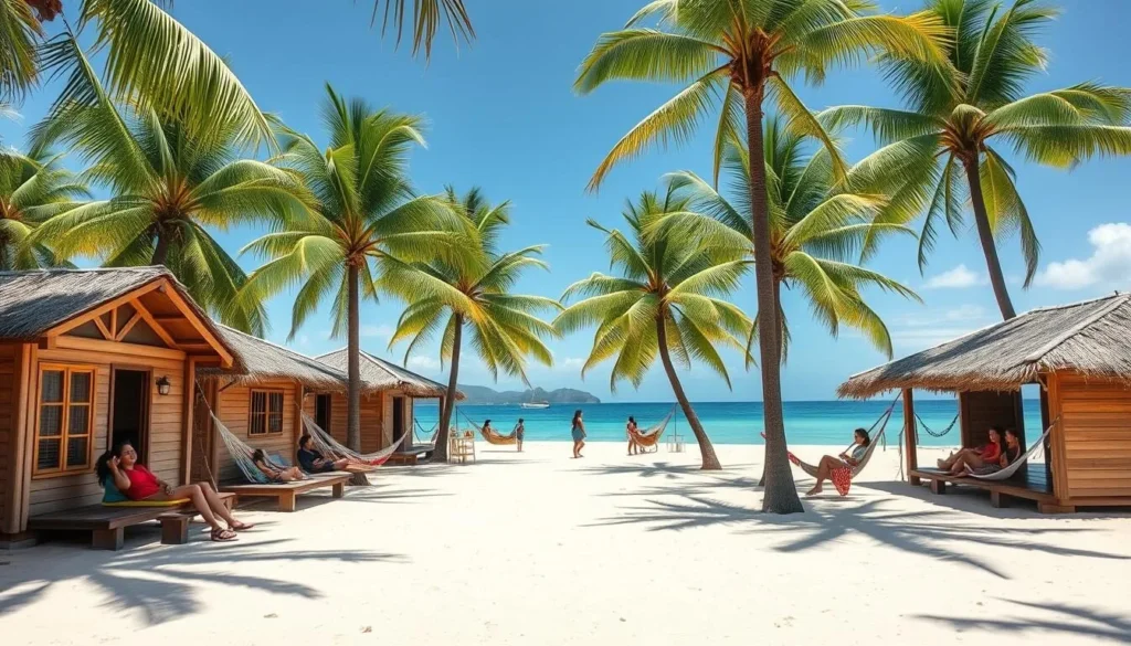 Simple beachfront cottages on Balicasag Island with hammocks and ocean view